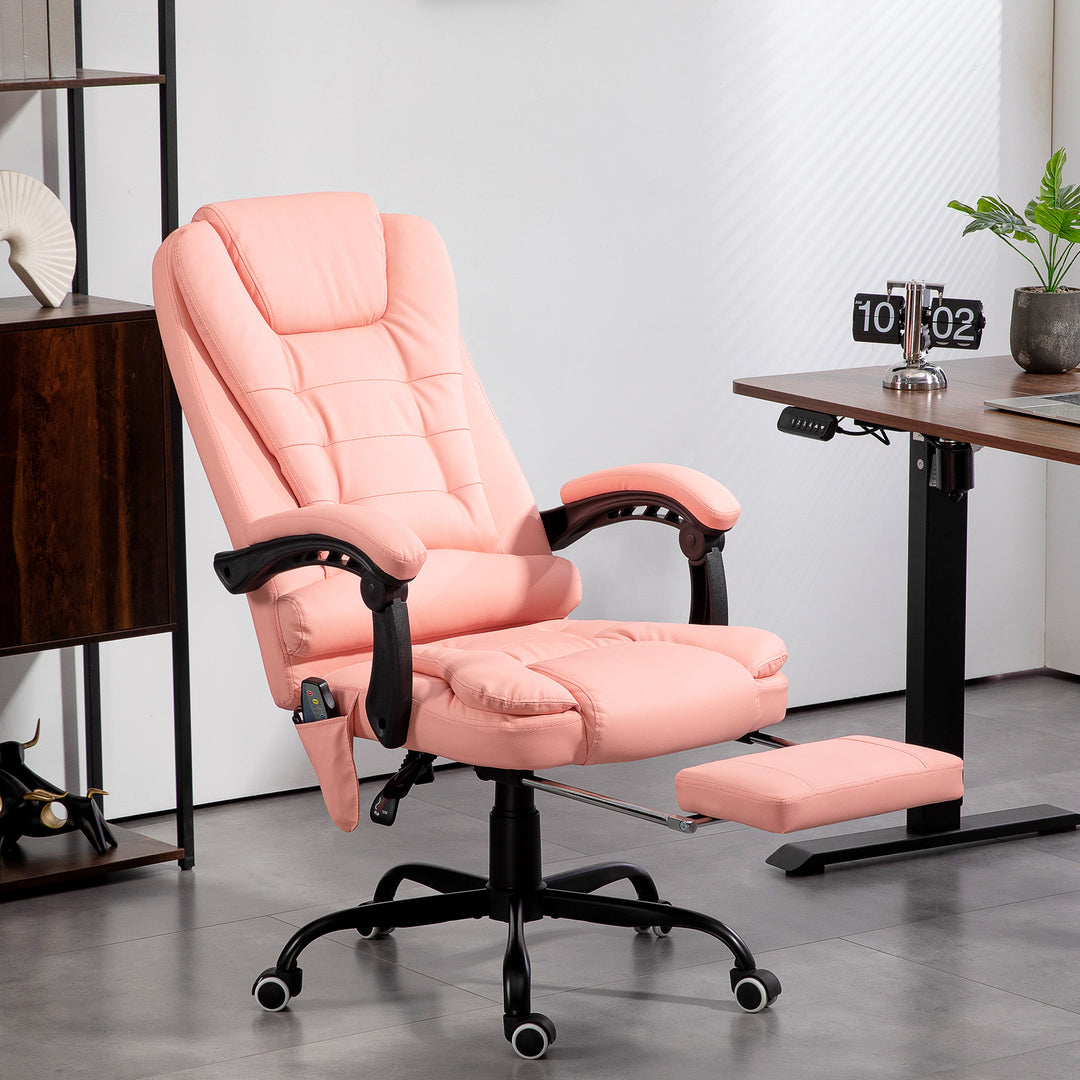 Massagekontorstol, 7 vibrationspunkter, justerbar fodstøtte og ryglæn, op til 120 kg, læderlook, pink