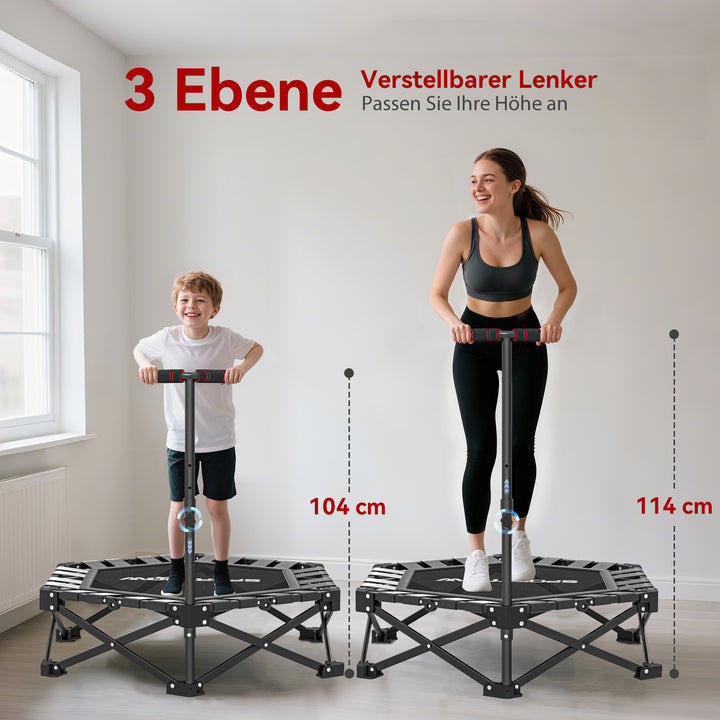 Fitnesstrampolin med justerbart T-håndtag, foldbar, bæretaske, 120 kg lasteevne, stål, plastik, sort