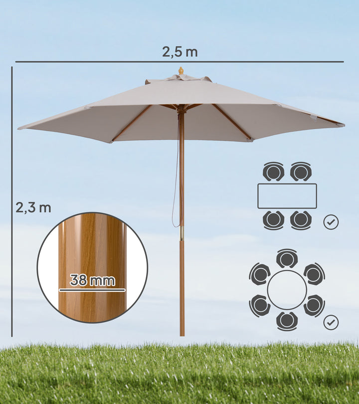Parasol Ø 250 cm, parasol med rebtrækmekanisme, balkonparasol, strandparasol af bambus, vindtæt, markedsparasol, solskærm til balkon, terrasse, have, grå