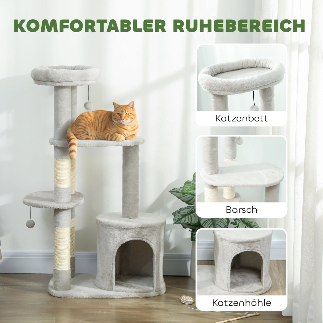 Kradsetræ 114 cm kattetårn med hule, sisalstolper, platform, flere etager til mellemstore katte under 6 kg, lysegrå