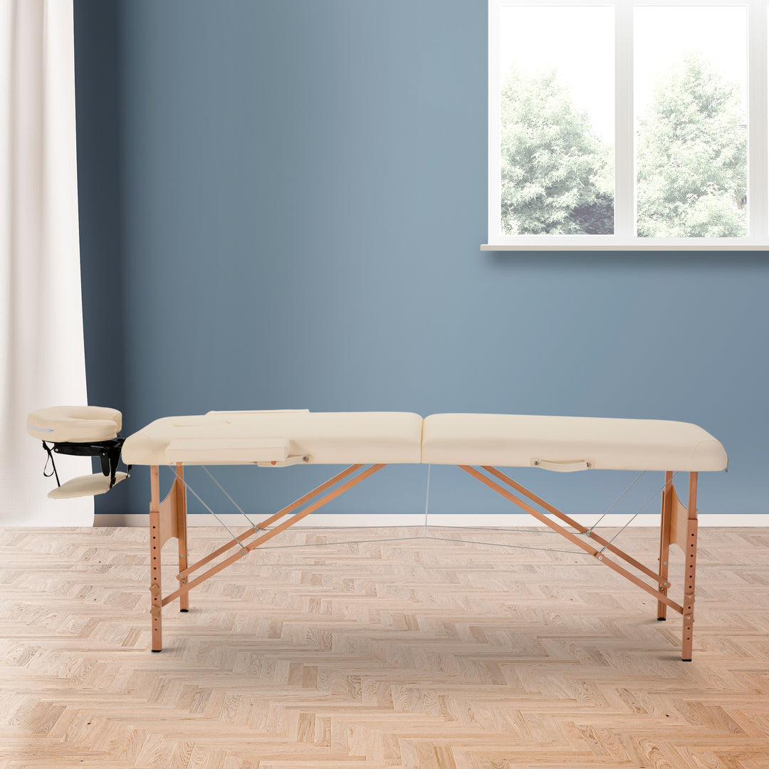 Massagebriks, foldbar massagesofa, højdejusterbar massagebænk til spa, salon, kunstlæder, træ, cremehvid
