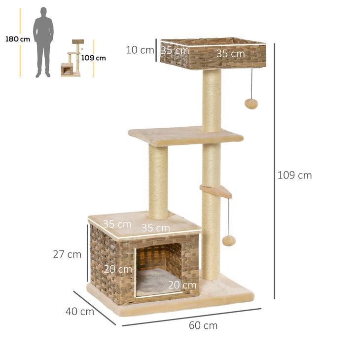 Rattan kradsetræ til katte, kradsetræ til killinger med kattehulebold, sisal, blødt plys, pe, højde 108 cm, brun+beige