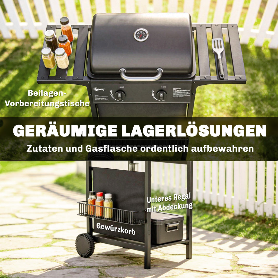 Gasgrill 5 KW 2 brændere BBQ grillvogn rustfrit stål inkl. sidebord, nederste kurv, frontlåg, termometer, emaljeret grillrist