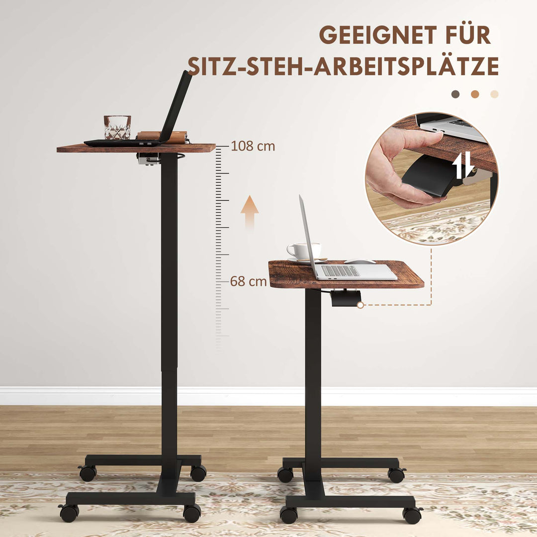 Hæve-sænkebord, laptopbord, højdejusterbart, 4 hjul, 65 cm x 48 cm x 108 cm, brun + sort