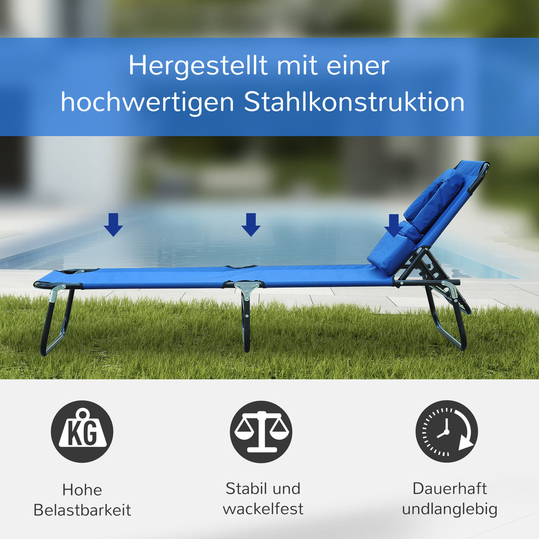 Sammenklappelig liggestol, haveliggestol med nakkestøtte, liggestol med 4-positions justerbar ryglæn, campingliggestol med læsevindue, havestol, lasteevne op til 120 kg, egnet til have og balkon, blå