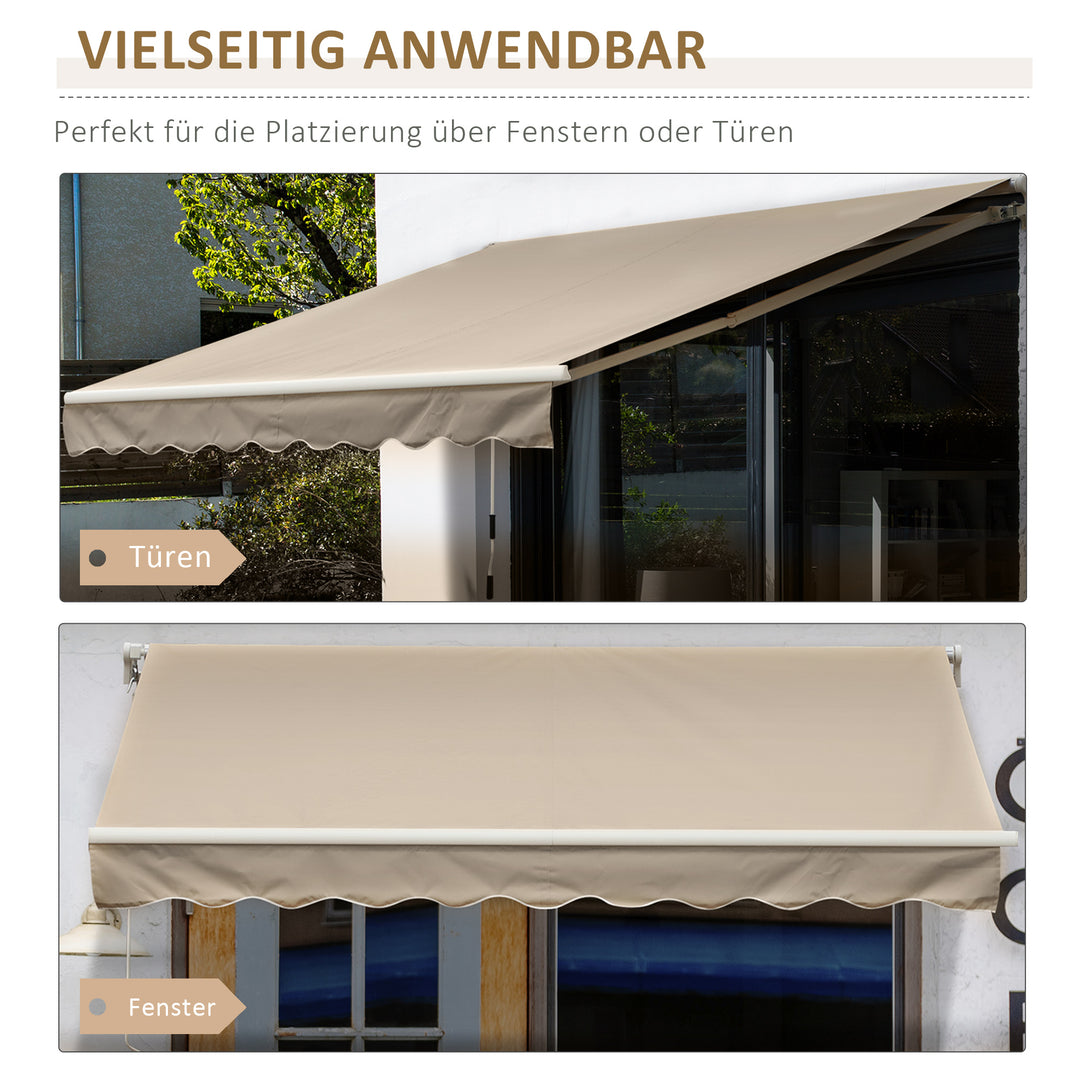 Markise, solsejl, udtrækkelig, med håndsving, metalramme, polyester, hvid+beige, 3,95 x 2,45 m