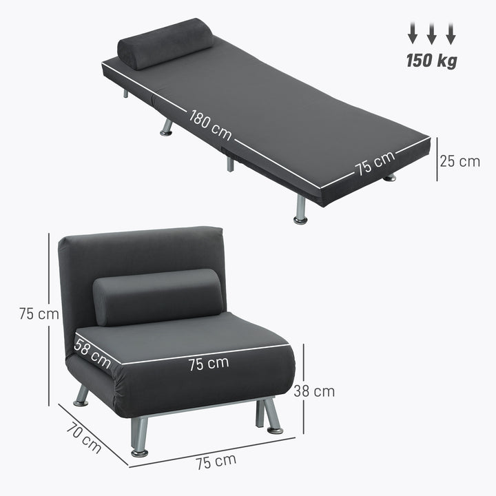 Klapstol med sengefunktion, foldbar afslapningsstol i fløjlslook, justerbar ryglæn, 75 x 70 x 75 cm, mørkegrå