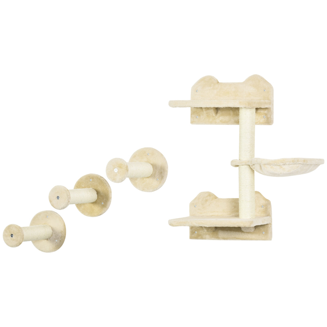 Klatretrappe, klatrevæg, kattetrappe, sæt med 4 dele, med kradsetræ, hængekøje, beige og cremehvid, 40 x 28 x 73 cm