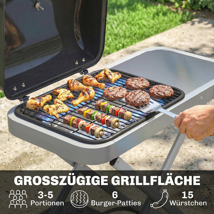 Bærbar gasgrill, 1 brænder, 2,5 kW, grillvogn med foldbar vogn, grillrist, sidebord, låg, termometer