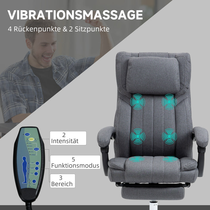 Kontorstol med massagefunktion, ryglæn med justerbar ryglæn, udtrækkelig fodstøtte, linnedlook, grå, 65 x 61 x 113 cm