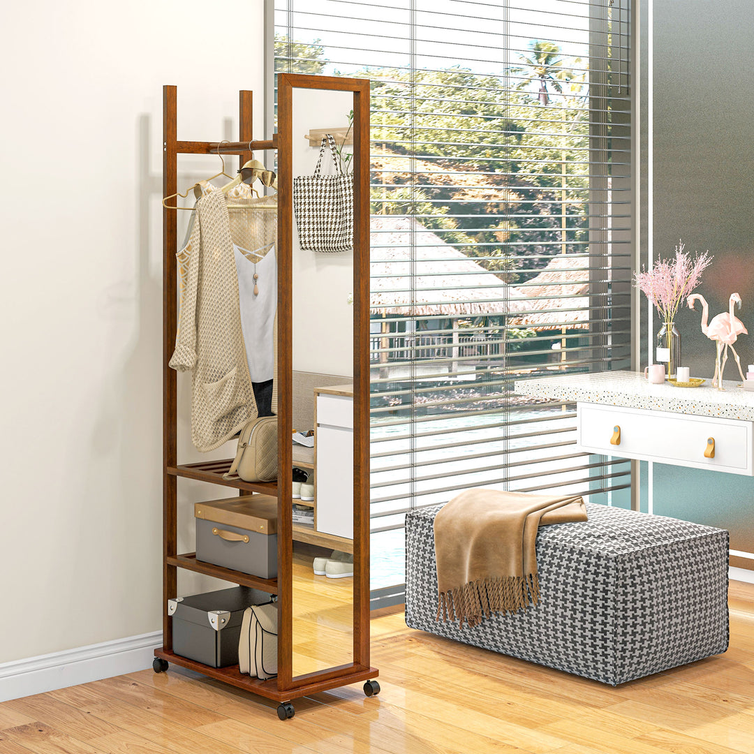 2-I-1 spejlgarderobe i fuld længde, 1 garderobestang, 3 hylder, 35,8 x 59,8 x 170 cm, naturfarvet