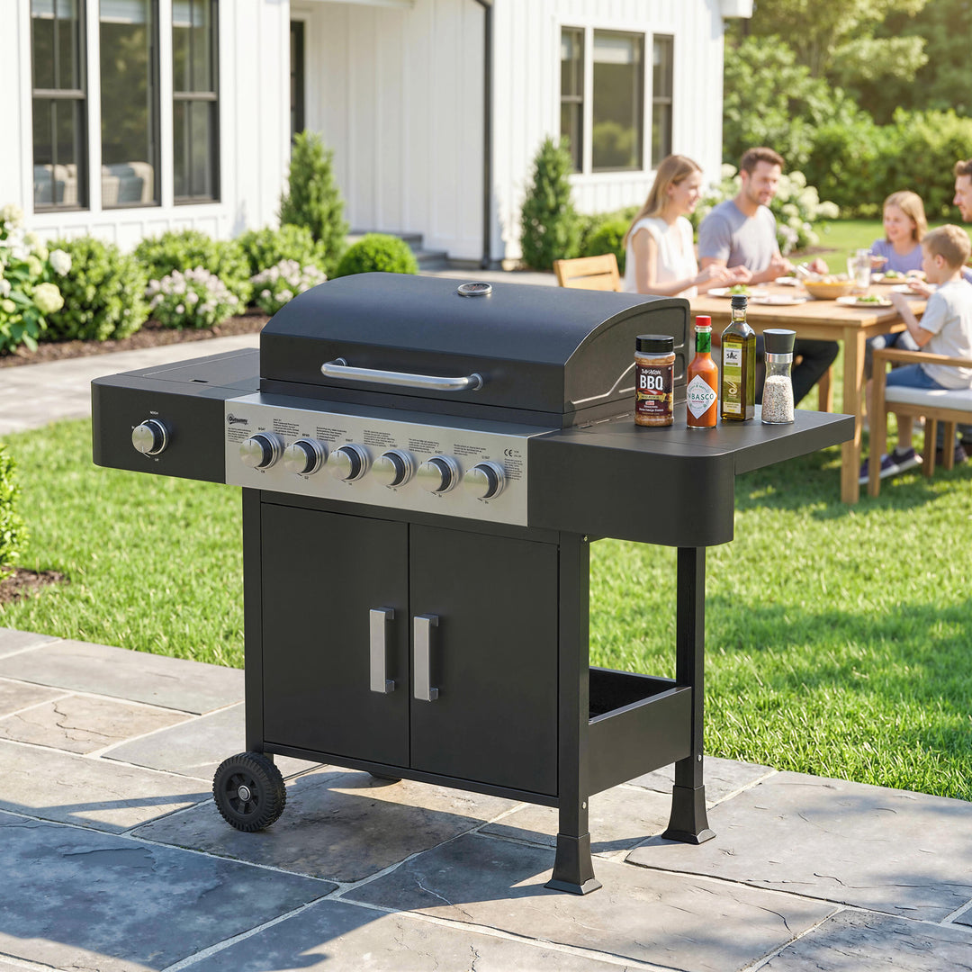 Gasgrill 17,8 kW 6+1 brænder BBQ grillvogn lavet af rustfrit stål inklusive hjul, sidebrænder, termometer, emaljeret grillrist