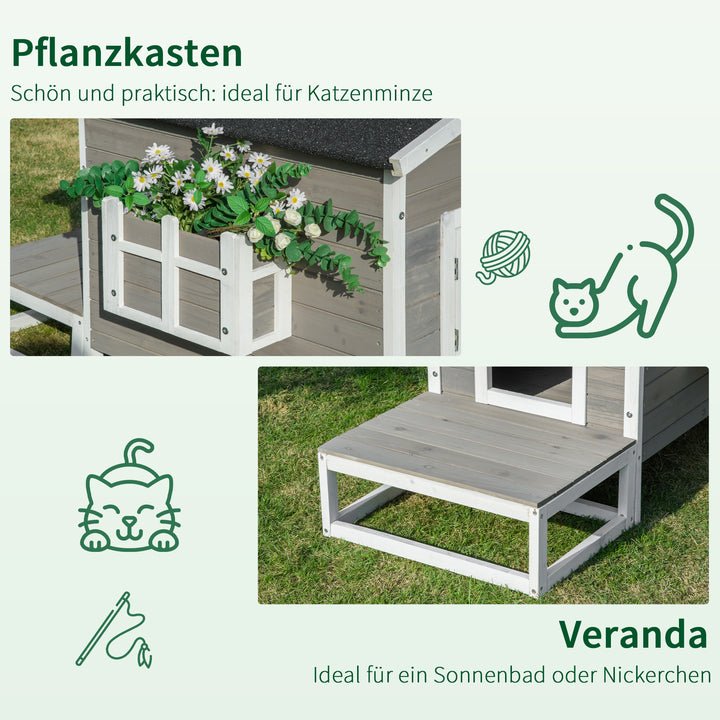 Trækattehus, vintertæt, vandtæt, kattehus med asfalttag, terrasse, kattehule, kattekasse, udendørs ly til udendørs brug, have, balkon, 115 x 66,5 x 74,7 cm, grå + hvid