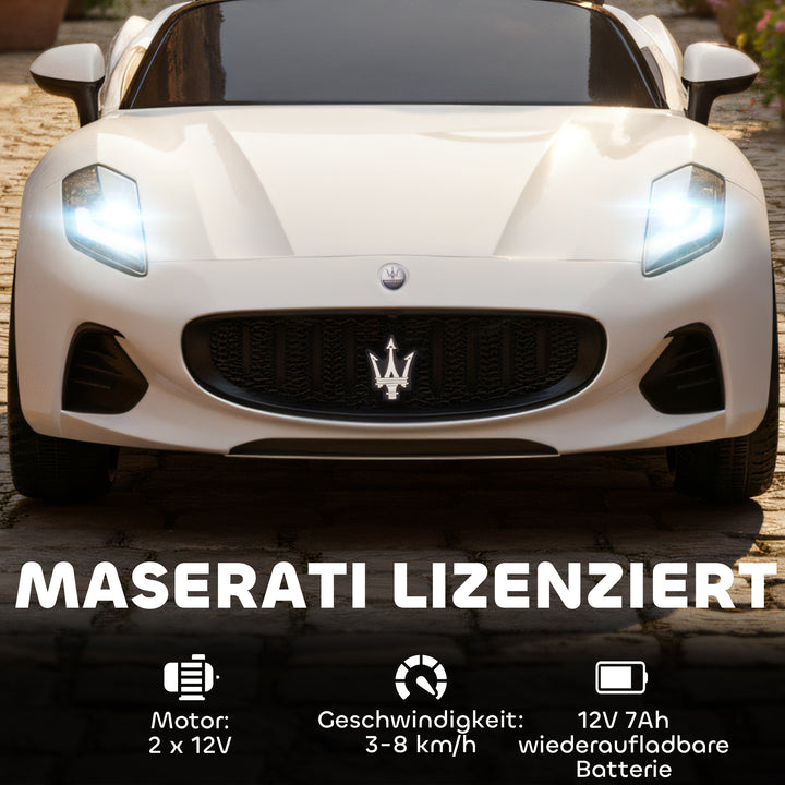 Maserati elbil til børn, 2-personers, 12V batteridrevet, fjernbetjening, LED-lys, musikfunktion, hvid