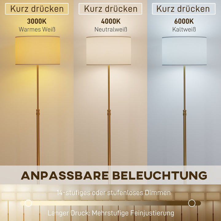 Gulvlampe med fjernbetjening, højdejusterbar, stofskærm, metalstativ, justerbar lysstyrke, fodkontakt, guldfarvet