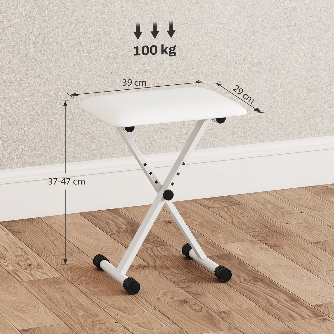 Klaverstol, højdejusterbar, foldbar X-formet klaverbænk med kunstlæderhynde, 39 x 29 x 37-47 cm, hvid