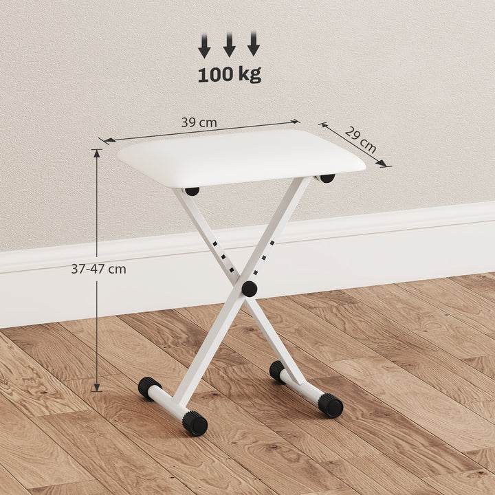 Klaverstol, højdejusterbar, foldbar X-formet klaverbænk med kunstlæderhynde, 39 x 29 x 37-47 cm, hvid