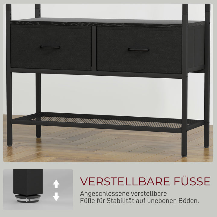 Knagerække med skohylde, tøjstativ i industrielt design, 2 stofskuffer, 8 kroge, metalramme, sort