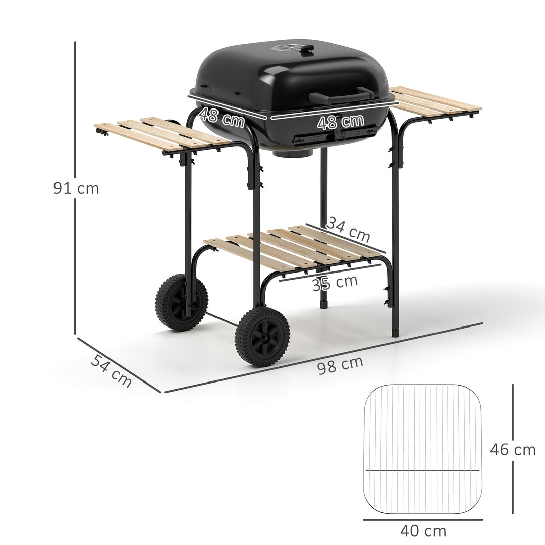 Kulgrill af stål, grillvogn med aflåseligt låg, grillrist, hjul, håndtag, træhylde, 98 x 54 x 91 cm, sort