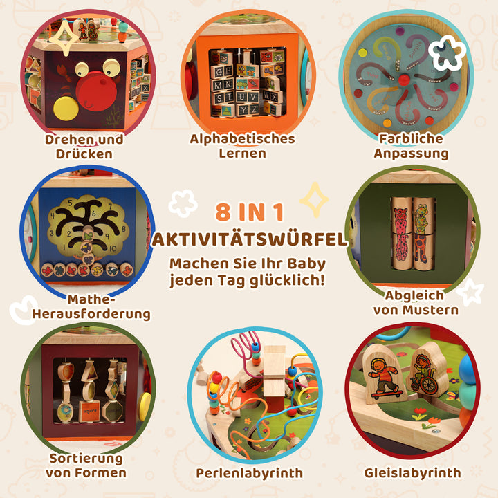 Motorikterning, 8-i-1 aktivitetsterning med motorikløkke, perlelabyrint, 41,5 x 37,5 x 37,5 cm, flerfarvet