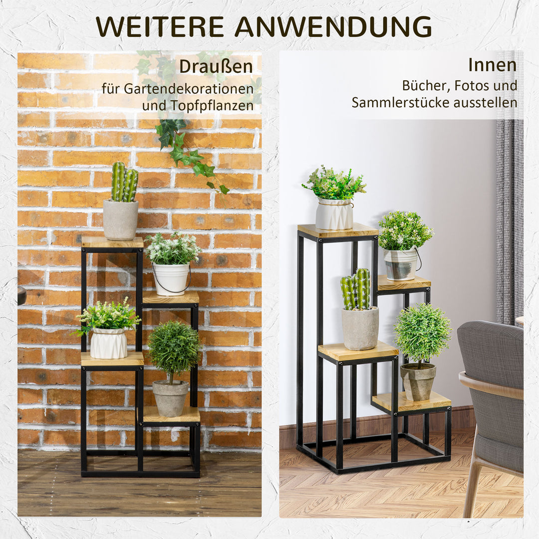 Industrielt plantestativ med 4 hylder, blomstertrappe, 34 cm x 34 cm x 66 cm, naturlig + sort