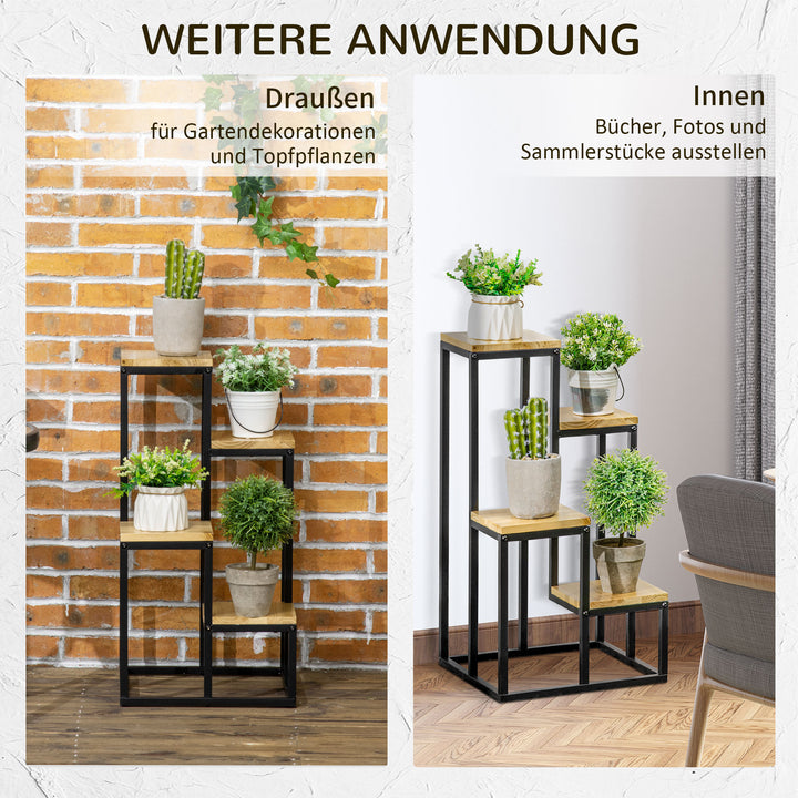 Industrielt plantestativ med 4 hylder, blomstertrappe, 34 cm x 34 cm x 66 cm, naturlig + sort