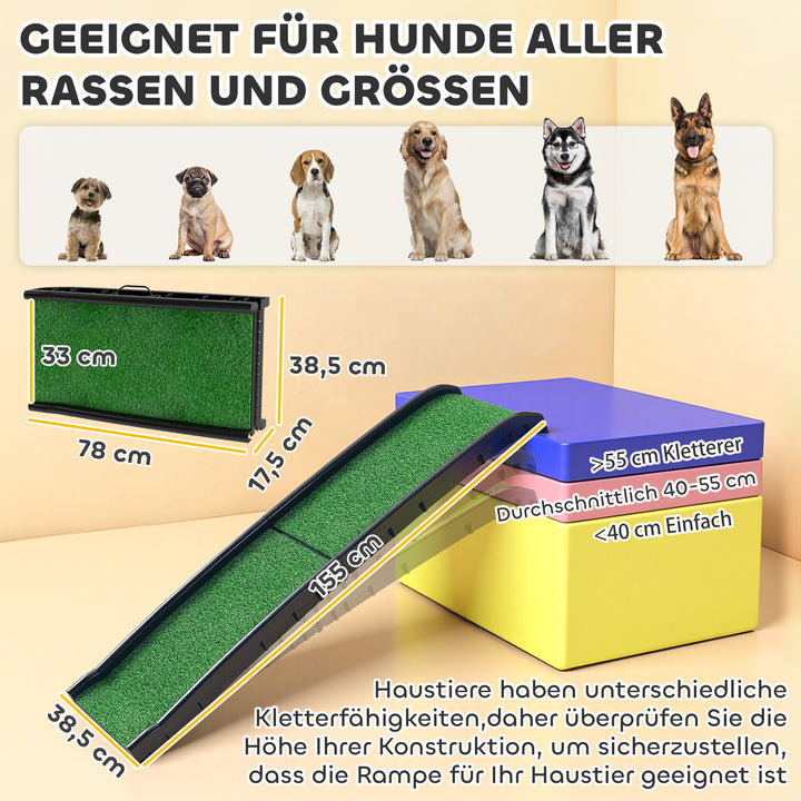 Sammenklappelig hunderampe, skridsikker hundetrappe, indstigningshjælp til bilbagagerum, til dyr op til 90 kg, 155x38,5x15,5 cm, sort