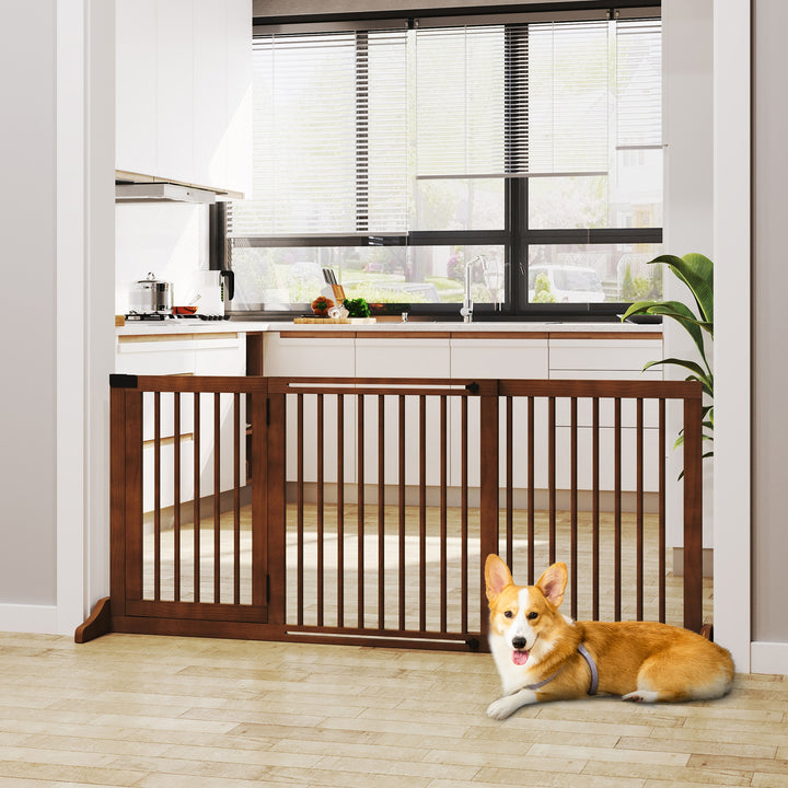 Hundegitter dør sikkerhedsgitter træ fritstående hundegitter med dør hundebarrier konfigurationsgitter til pejs og komfur brun 113-166 x 36 x 71 cm