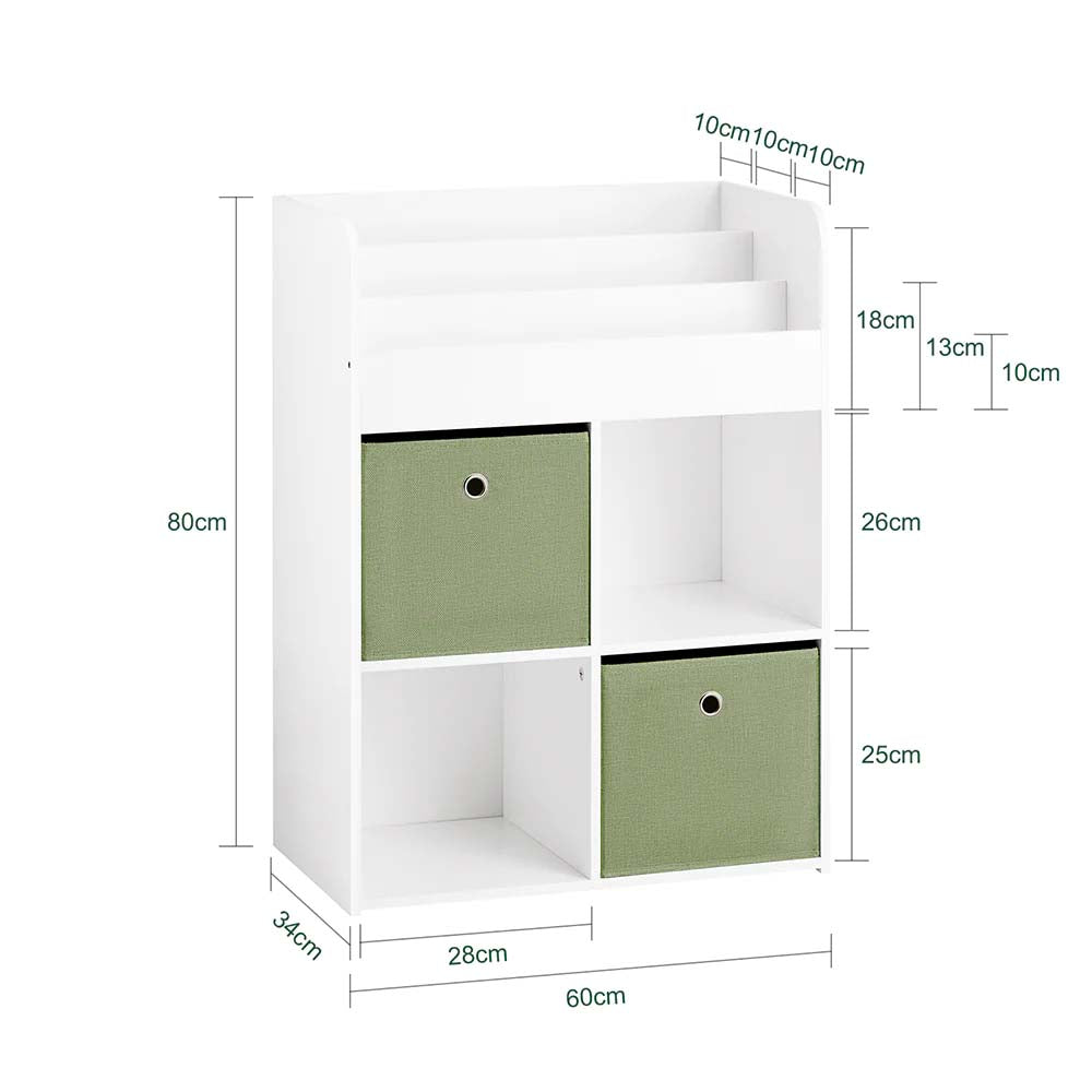 Børnereol med 2 kurve, 34 x 80 x 60 cm, hvid med grønne kurve