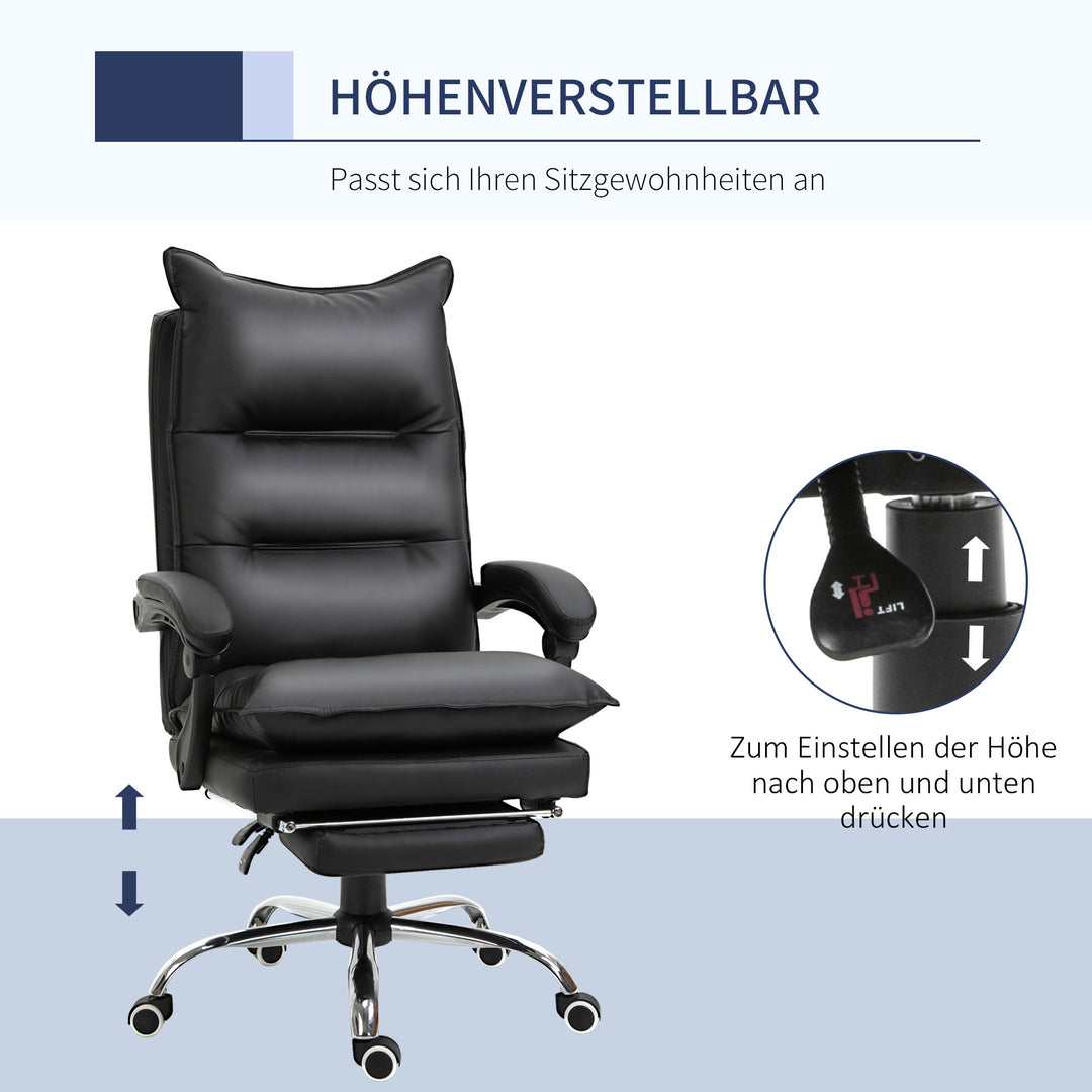 Kontorstol med lænefunktion, ergonomisk skrivebordsstol, højdejusterbar drejestol med fodstøtte, polstret, lasteevne op til 135 kg, til kontor, studie, sort