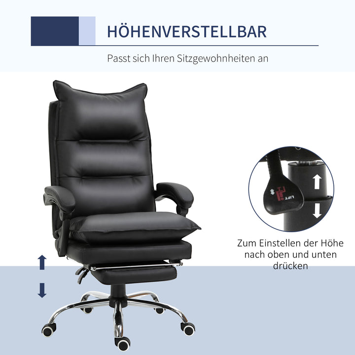 Kontorstol med lænefunktion, ergonomisk skrivebordsstol, højdejusterbar drejestol med fodstøtte, polstret, lasteevne op til 135 kg, til kontor, studie, sort
