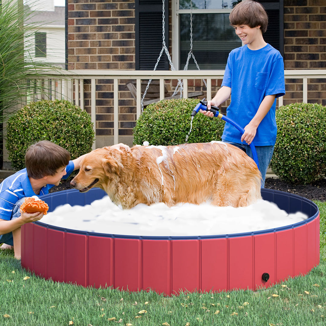 Sammenklappeligt hundebadekar, hundebassin, børnebassin, swimmingpool, vandbassin til hunde og katte, swimmingpool af plastik og træ, rød, Ø160 x 30H cm