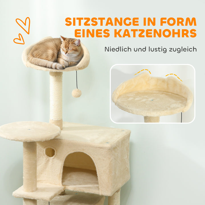 Kradsetræ 140 cm kattetårn med hængekøje, stige, hule, 2 plysbolde, sisalstolper, 48 x 48 x 140 cm, beige