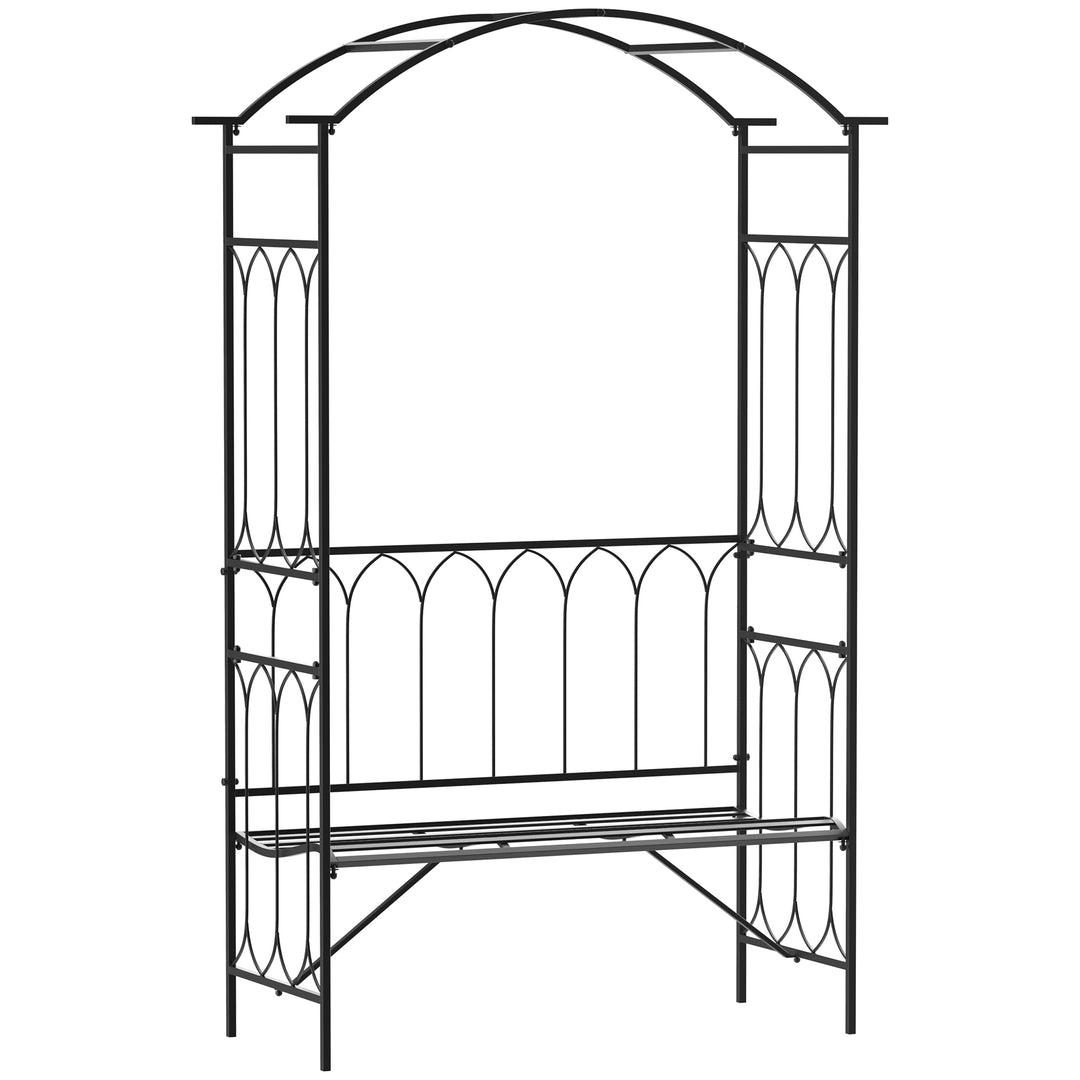 Rosenbue med bænk, rosenbænk, lysthusbænk, filosofbænk, espalier, klatrehjælp, havebænk, metal, sort, 115 x 50 x 203 cm