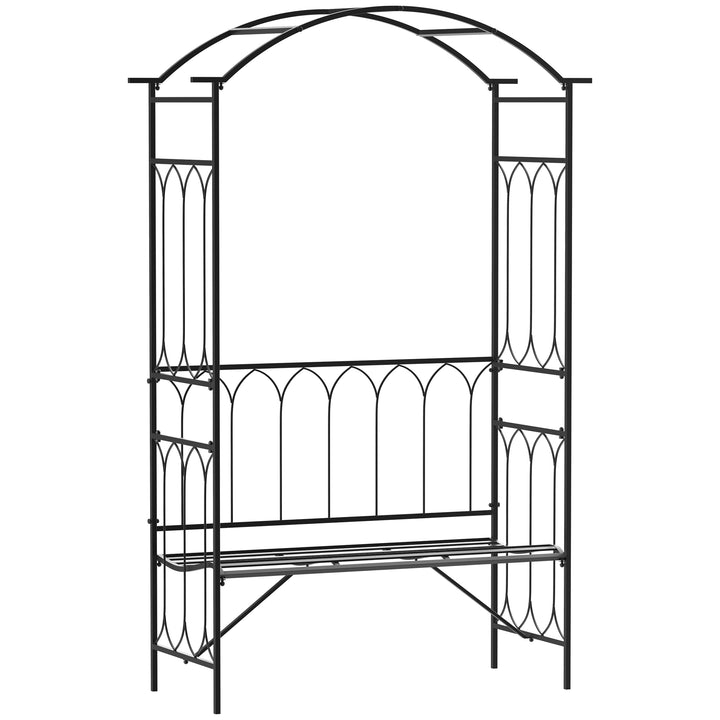 Rosenbue med bænk, rosenbænk, lysthusbænk, filosofbænk, espalier, klatrehjælp, havebænk, metal, sort, 115 x 50 x 203 cm
