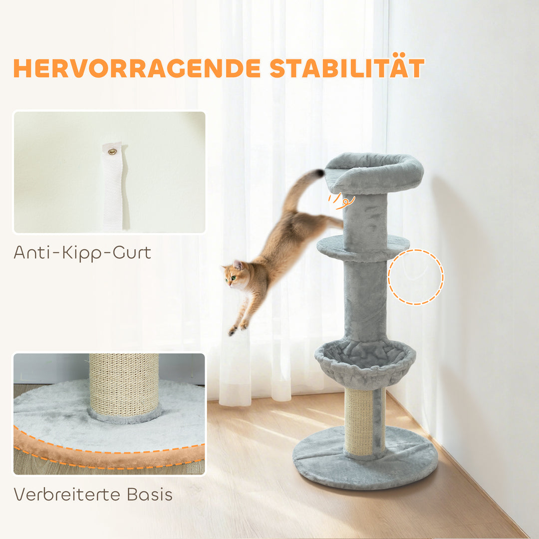 Kradsetræ til katte, sisalpæle, flere niveauer, plysstof, hængebold, lysegrå