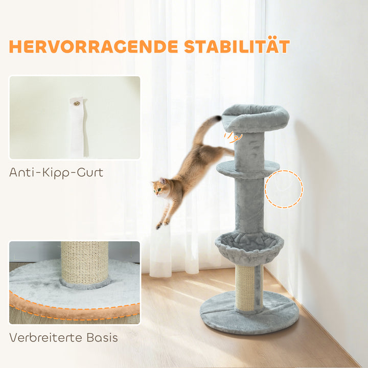 Kradsetræ til katte, sisalpæle, flere niveauer, plysstof, hængebold, lysegrå