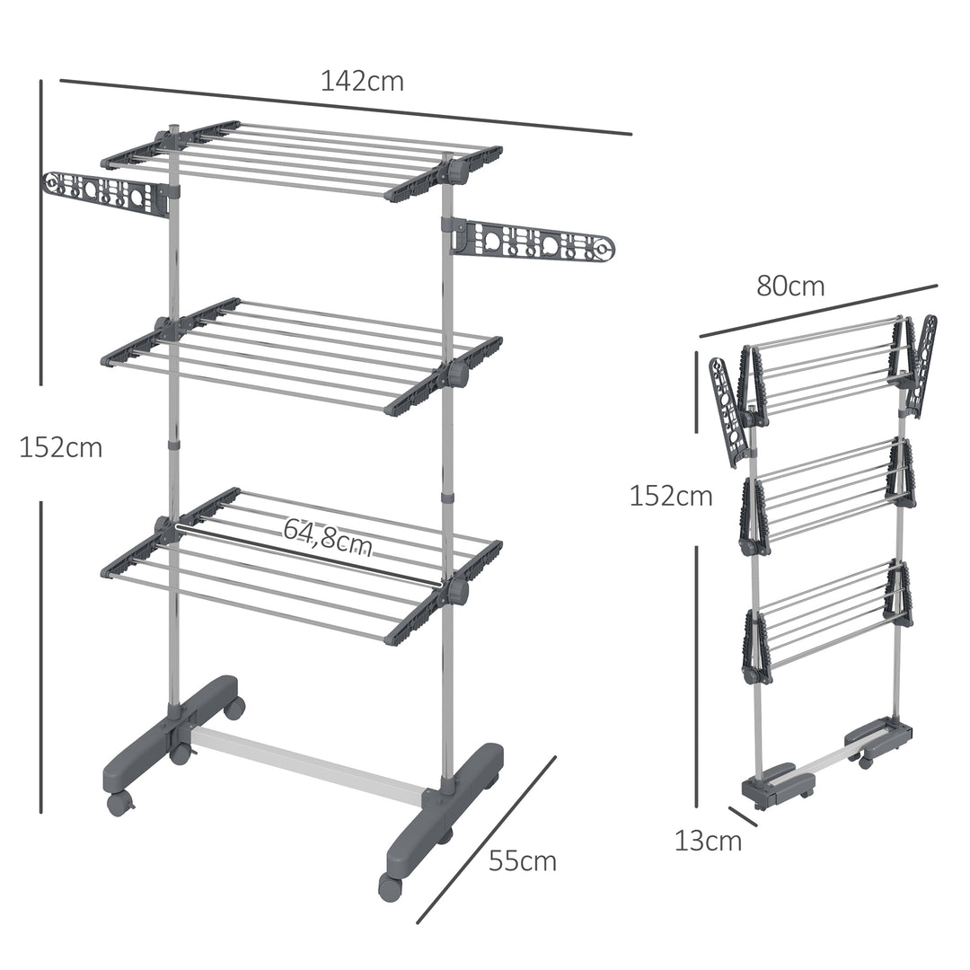 Tørrestativ. 4 niveauer, foldbar, et-klik-system, 142 cm x 55 cm x 152 cm, blå + sølv