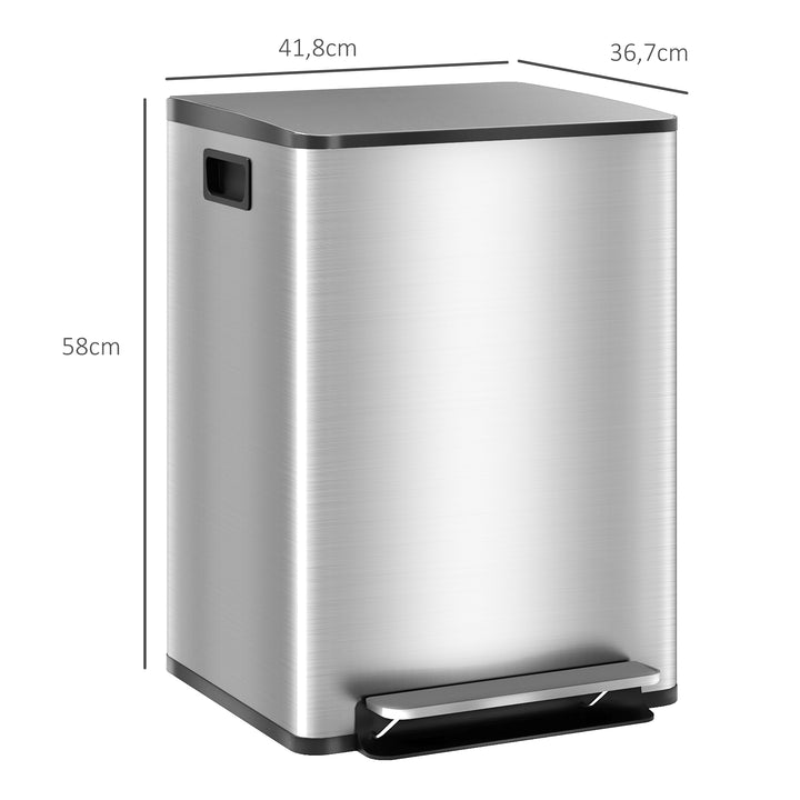 Skraldespand med 2 x 20L rum, soft-close låg, fingeraftrykssikker, rustfrit stål, sølv