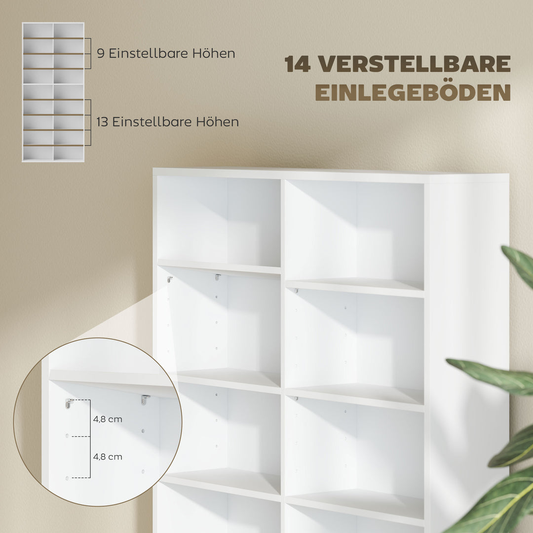 Dvd-hylde, cd-opbevaringsstativ, 14 justerbare hylder, 18 rum, 175 cm, blu-ray-hylde, spånplade, hvid