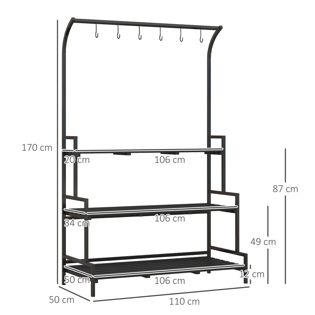 Blomsterstander, 3 etager, 6 kroge, indendørs og udendørs, metalramme, 170H x 110L x 50B cm, sort
