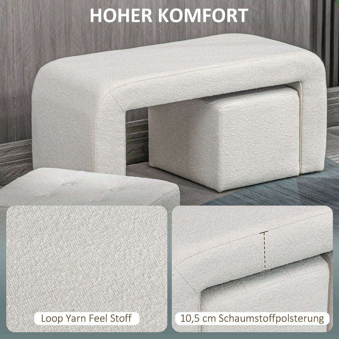 Fodskammelsæt 3-delt fodskammel med knapsøm, 89 cm x 42,5 cm x 45 cm, cremefarvet