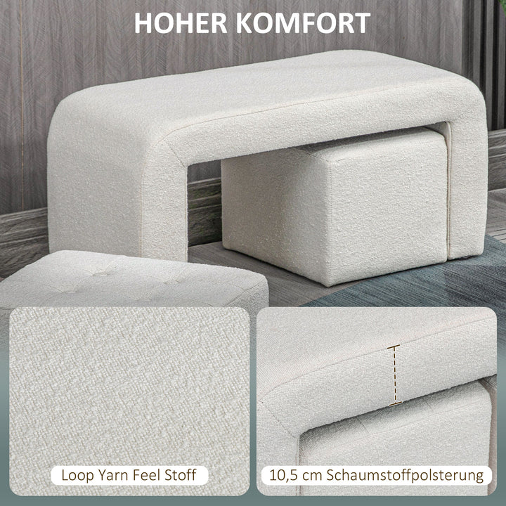 Fodskammelsæt 3-delt fodskammel med knapsøm, 89 cm x 42,5 cm x 45 cm, cremefarvet