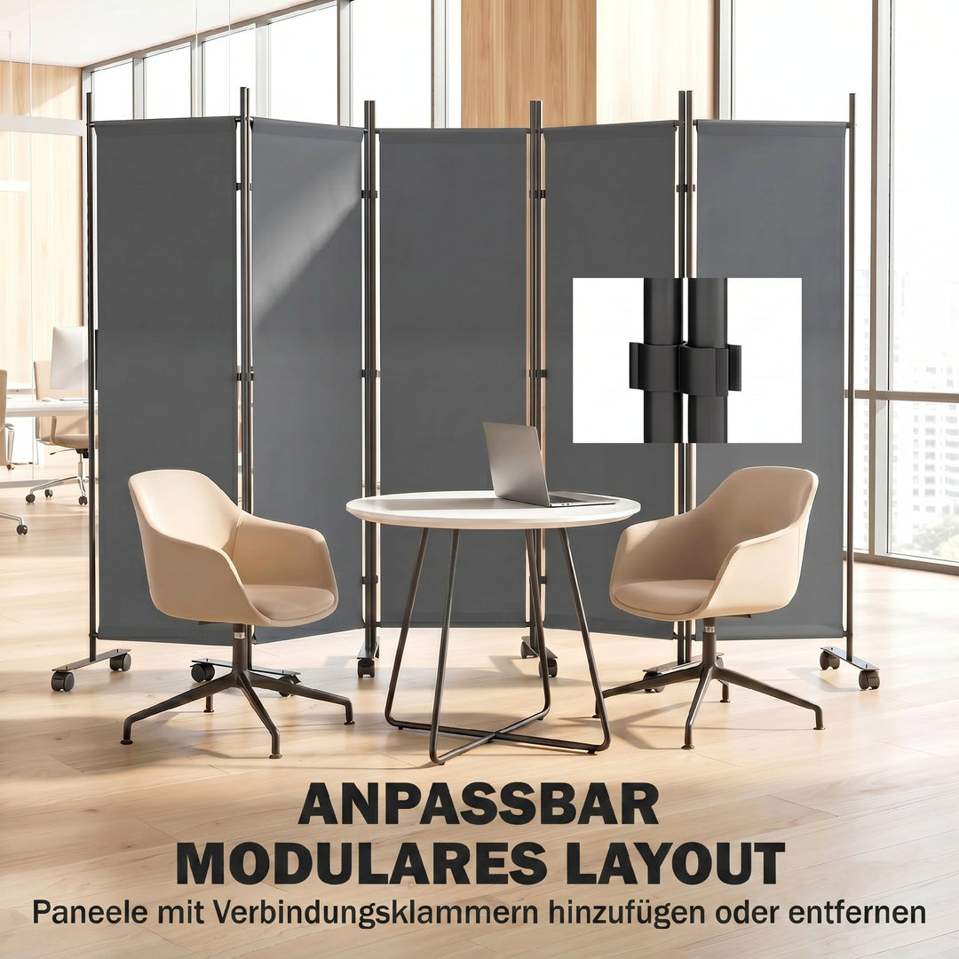 5-panels rumdeler, 252 x 40 cm, fritstående skærm med 12 hjul, foldbar skillevæg, gør-det-selv, mørkegrå
