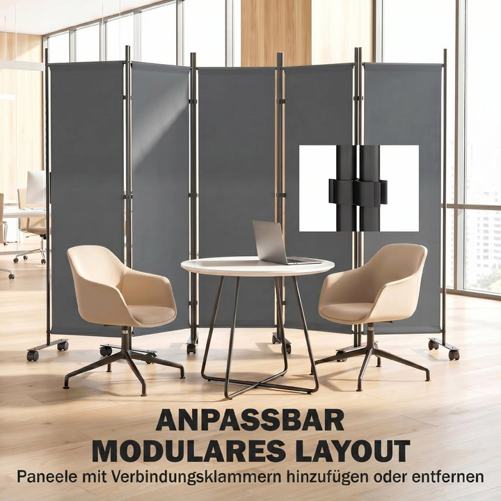 5-panels rumdeler, 252 x 40 cm, fritstående skærm med 12 hjul, foldbar skillevæg, gør-det-selv, mørkegrå