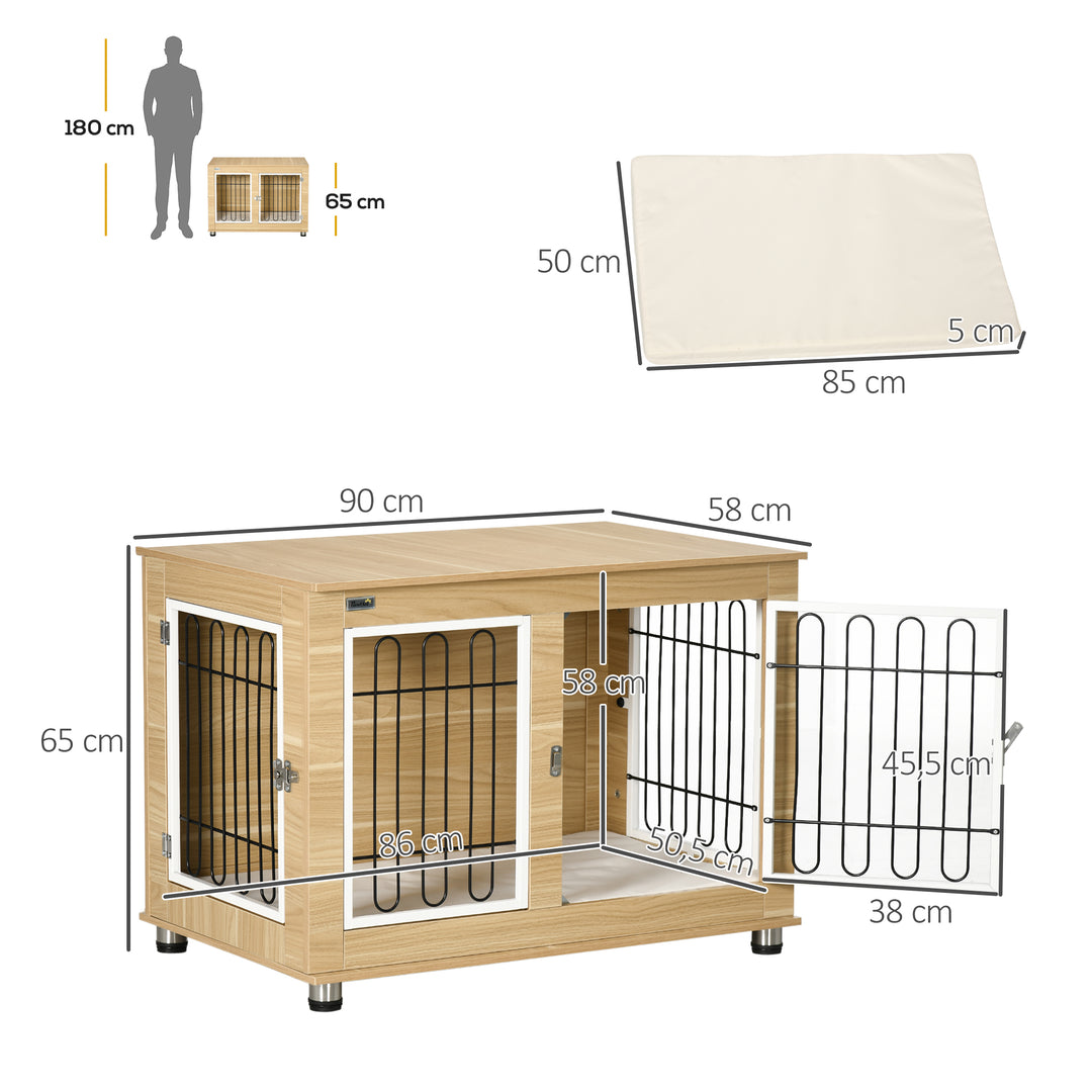 Hundebur, vaskbar pude, hundebur, 2 låse, 90 cm x 58 cm x 65 cm, natur + sort + hvid