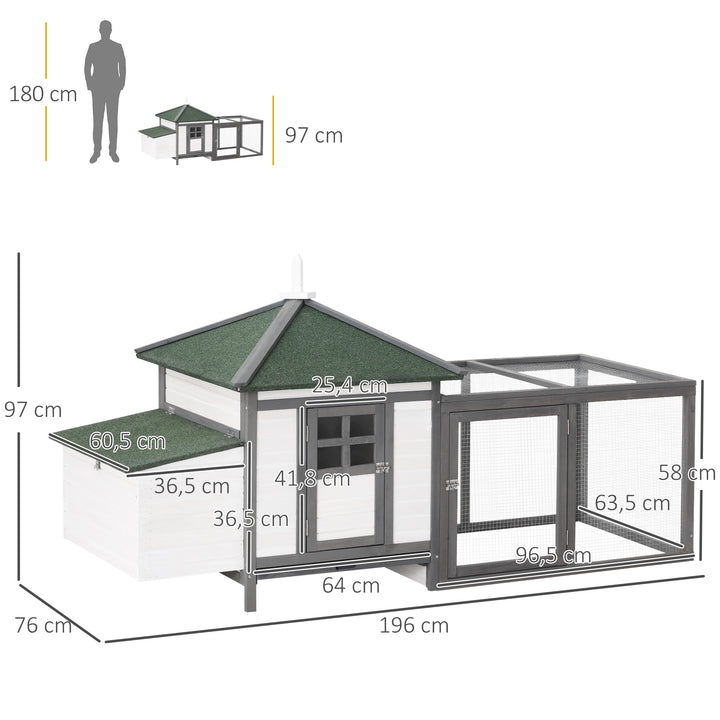 Hønsehus til dværghøns 196 x 76 x 97 cm hønsehus med redekasse, siddepind til fritgående høns, hønsehus af træ til små dyr, grå