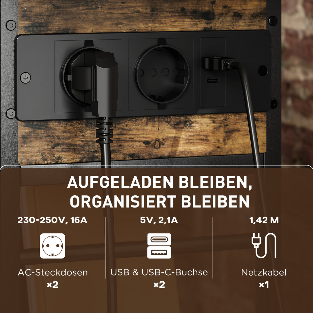 Sidebord natbord med strømskinne, 2 niveauer, usb-porte opbevaringsplads 60 x 29,8 x 58,5 cm rustik brun