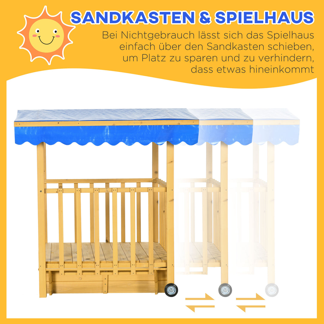 Sandkasse med legehus, sandkasse med tag, 133 x 129 x 137,5 cm, naturlig + blå