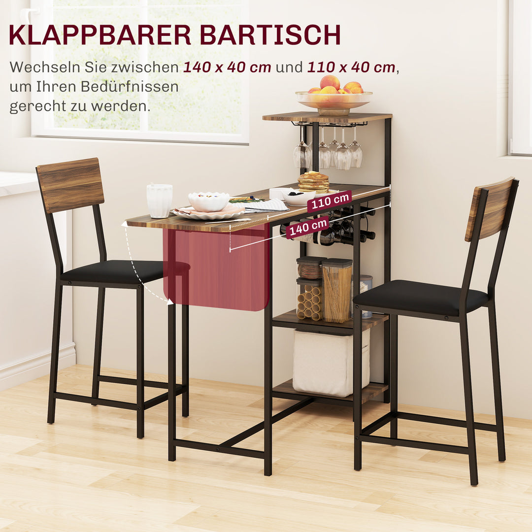 3-Delt barbordssæt, 1 barbord, 2 stole, med vinreol, glasholder, åbne hylder, fodstøtter, brun